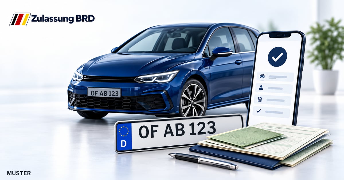 Online Fahrzeugzulassung in Mühlheim a.Main: Musterkennzeichen OF AB 123, Auto und Fahrzeugpapiere und Smartphone. Illustration mit Logo von Zulassung BRD.